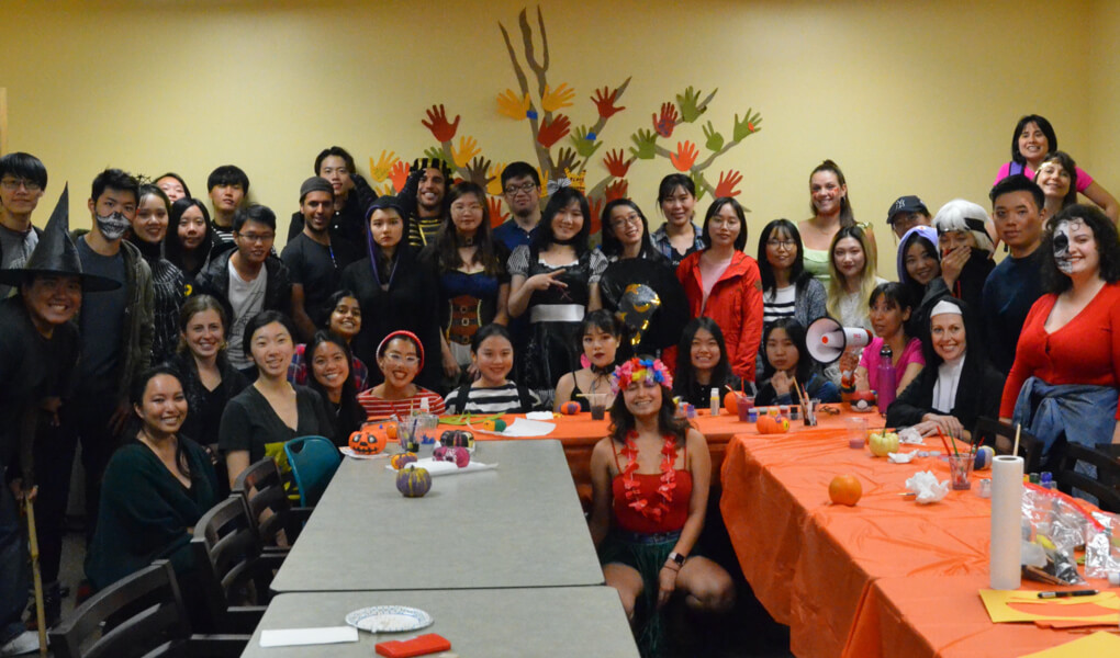 Photo of a group of students at the BISP combination Halloween/ Thanksgiving event at UC Berkeley